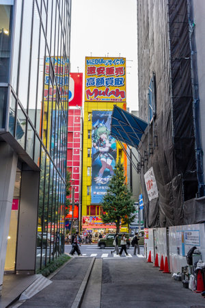 Tokyo, Japan, November 2, 2023: Colorful billboards in Akihabara electronics districtのeditorial素材