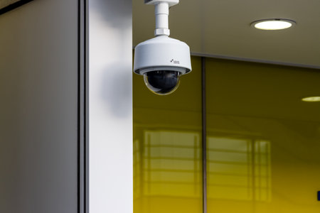 Tokyo, Japan, November 2, 2023: Surveillance camera monitoring an office buildingのeditorial素材