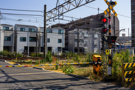 Tokyo, Japan, November 3, 2023: Train crossing visible over urban residential area with traffic lights and barriersのeditorial素材