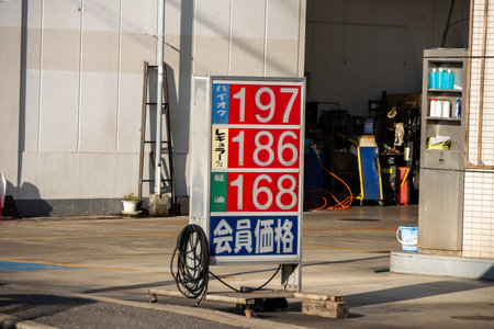 Tokyo, Japan, November 3, 2023: Gasoline prices displayed at a service stationのeditorial素材