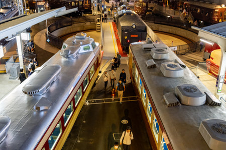 Tokyo, Japan, November 3, 2023: Aerial perspective of the Railway Museum exhibits and visitors at nightのeditorial素材