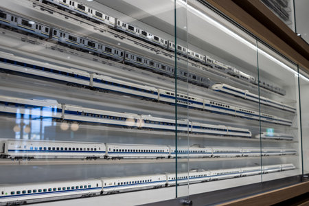 Tokyo, Japan, November 3, 2023: Model Trains Displayed in Glass Shelves at Railway Museumのeditorial素材