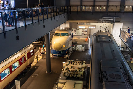 Tokyo, Japan, November 3, 2023: Interior view of the Railway Museum with visitors and trains on displayのeditorial素材