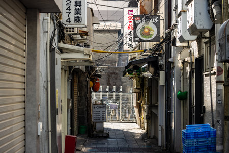 Tokyo, Japan, November 3, 2023: Narrow alley with traditional Japanese restaurants and signageのeditorial素材