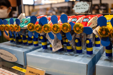 Tokyo, Japan, November 3, 2023: Souvenir train whistles on display at museum shopのeditorial素材