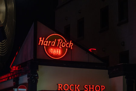 Tokyo, Japan, October 31, 2023: Hard Rock Cafe Signage at Nightのeditorial素材