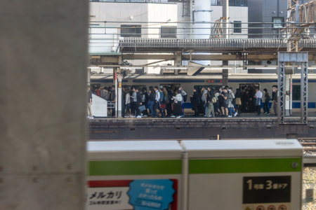Tokyo, Japan, November 3, 2023: Commuters at a busy train station platform