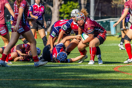Tokyo, Japan, November 4, 2023: Intense Moment in a Women's Rugby Game with Players Engaged in a Scrumのeditorial素材