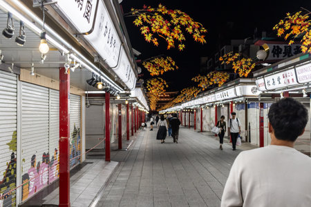 Tokyo, Japan, November 4, 2023: Evening View of Nakamise Shopping Street Leading to Sensoji Temple