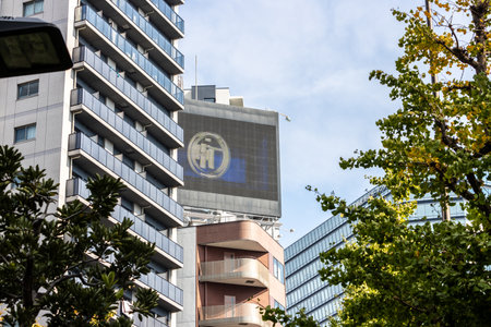 Tokyo, Japan, November 4, 2023: Prominent Inter Milan Logo Displayed on High-Rise Building Amidst...