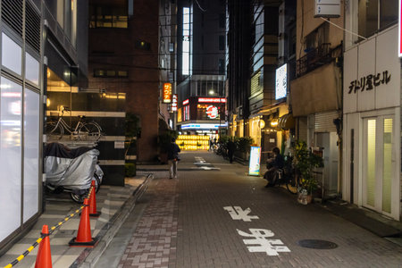 Tokyo, Japan, November 4, 2023: Evening View of a Quiet Alley with Neon Signs and Local Businessesのeditorial素材