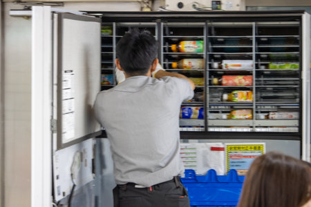 Tokyo, Japan, November 4, 2023: Employee Restocking Refrigerated Shelves in a Convenience Store
