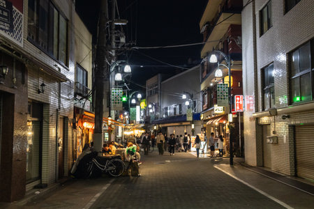 Tokyo, Japan, November 4, 2023: Bustling Evening Scene in a Traditional Japanese Alley with Diners and Lanternsのeditorial素材