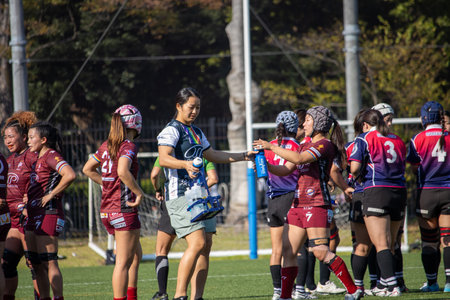 Tokyo, Japan, November 4, 2023: Women rugby players during a match breakのeditorial素材