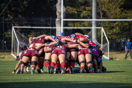 Tokyo, Japan, November 4, 2023: Women's Rugby Team in a Scrum During a Matchのeditorial素材