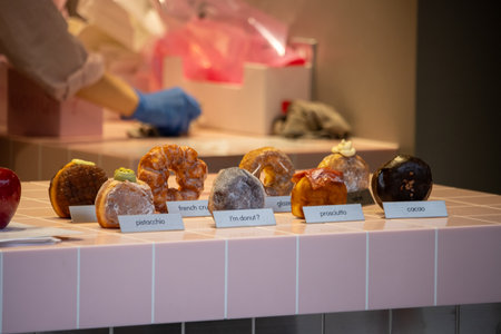 Tokyo, Japan, November 4, 2023: Assorted Gourmet Donuts on Displayのeditorial素材
