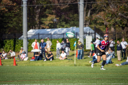 Tokyo, Japan, November 4 2023: Dynamic Rugby Game Action with Flying Ballのeditorial素材