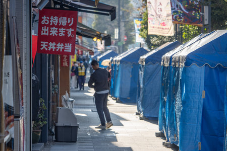 Tokyo, Japan, November 4 2023: Bustling Street Market with Blue Tents and Japanese Signageのeditorial素材