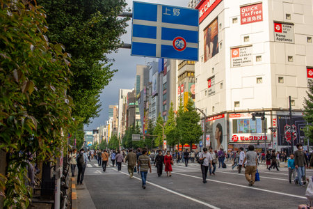 Tokyo, Japan, November 5 2023: Busy street scene with pedestrians and signs in Akihabaraのeditorial素材