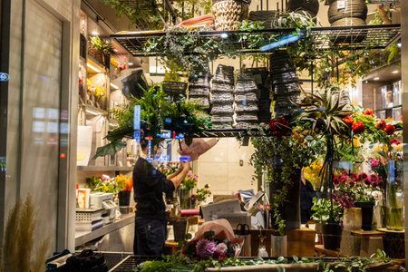 Tokyo, Japan, November 6 2023: Urban Flower Shop at Nightのeditorial素材