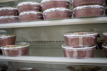 Tokyo, Japan, November 5 2023: Packaged Meat Products on Supermarket Shelfのeditorial素材