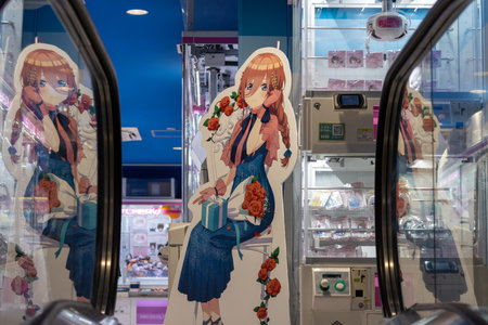 Tokyo, Japan, November 6, 2024: Anime Character Cutout in a Game Centerのeditorial素材
