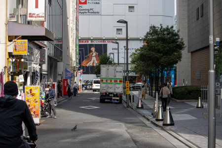 Tokyo, Japan, November 6, 2024: Urban Street Scene with Pedestrians and Advertising Billboardsのeditorial素材