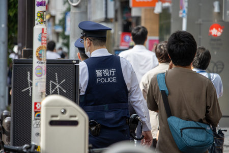 Tokyo, Japan, November 6, 2024: Japanese Police Officer Patrolling the Streetのeditorial素材