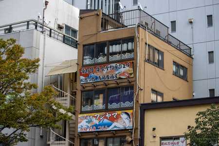 Tokyo, Japan, November 6, 2024: Urban Building with Traditional Japanese Restaurant Signageのeditorial素材