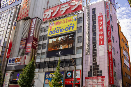 Tokyo, Japan, November 7, 2024: Colorful Shopping District with Various Storefront Signage