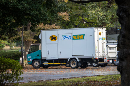 Tokyo, Japan, November 7, 2024: Delivery Truck Parked by the Roadsideのeditorial素材