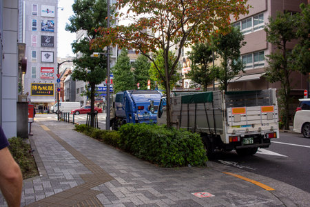 Tokyo, Japan, November 7, 2024: Urban Street Scene with Commercial Signage and Autumn Treesのeditorial素材