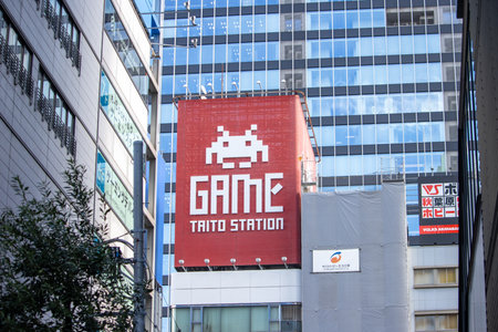 Tokyo, Japan, November 7, 2024: Taito Station Building Facade with Space Invaders Game Artのeditorial素材