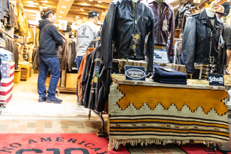 Tokyo, Japan, November 7, 2024: Branded Leather Jackets Display in Fashion Storeのeditorial素材