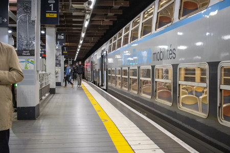 Paris, France, November 8, 2024: Subway Station with Commuters and Approaching Train