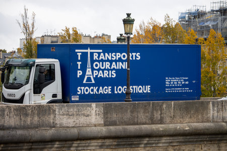 Paris, France, November 9, 2024: Transportation Truck with Branding on City Street