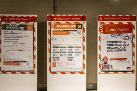 Paris, France, November 9, 2024: Public Transport Construction Information Posters