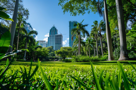 Tropical urban park with skyscrapersの素材