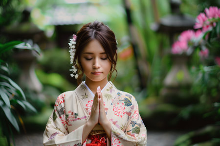 Young woman in traditional Japanese attire praying outdoorsの素材