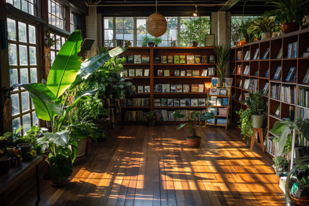 Cozy Bookstore with Sunlight and Greeneryの素材