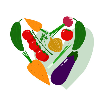 Set of Fresh Juicy Vegetables Organic Food in Shape of Heart Vector Illustrationのイラスト素材