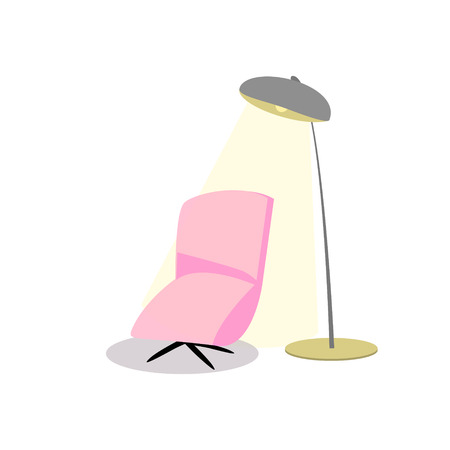 Pink Modern Armchair Retro Lamp Cartoon Style on a White Background Vector Illustrationのイラスト素材