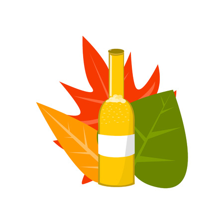 Set Of Autumn Leaves and Bottle of Beer, Octoberfest Vector Illustrationのイラスト素材