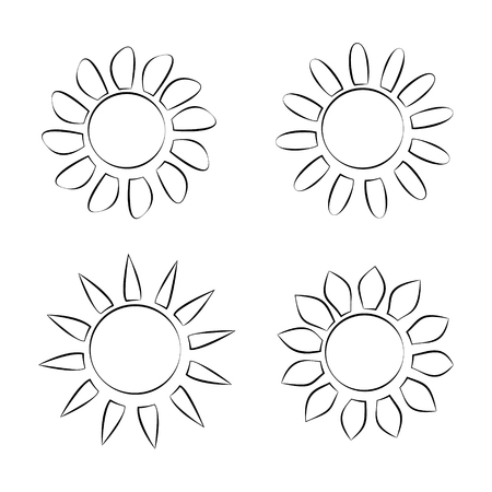 Four Different Black Silhouette Icons of Sun on White Background Vector Illustrationのイラスト素材