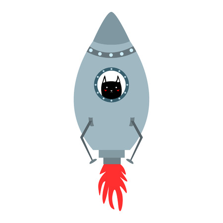 Blue space ship with cute cat doodle style vector illustrationのイラスト素材
