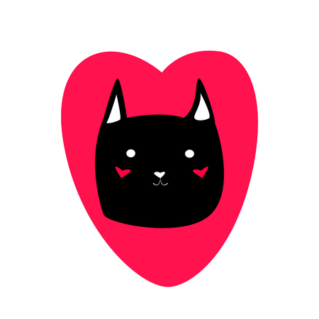 Cute cartoon style head of black cat in shape of red heart vector illustrationのイラスト素材
