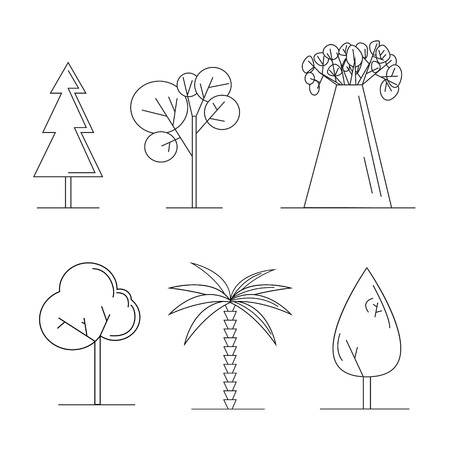 Set of cute black outline trees cartoon style vector illustrationのイラスト素材