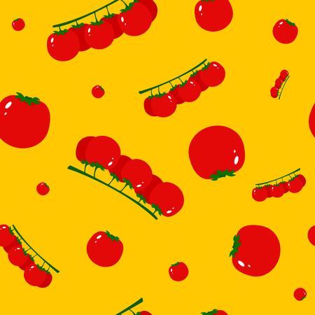Cute seamless pattern of tomatoes and cherry tomato on yellow background cartoon style vector illustrationのイラスト素材