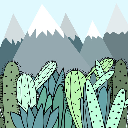 Cute background with mountains and green cactus vector illustrationのイラスト素材