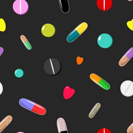 Seamless pattern of colorful pills on black cartoon style background vector illustrationのイラスト素材
